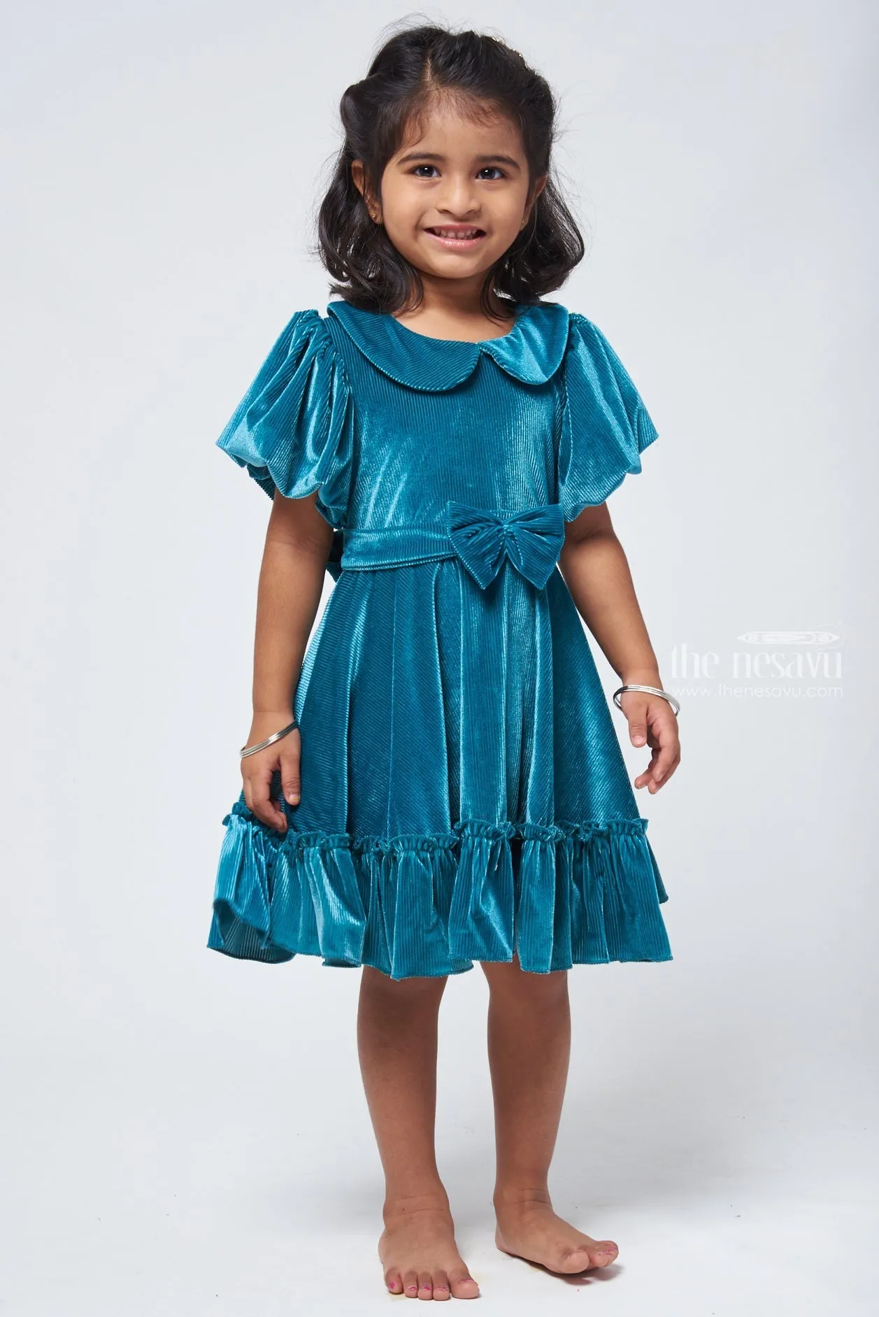 Sea Green Velvet Baby Girl Frock - Flared Sleeves & Bow Applique