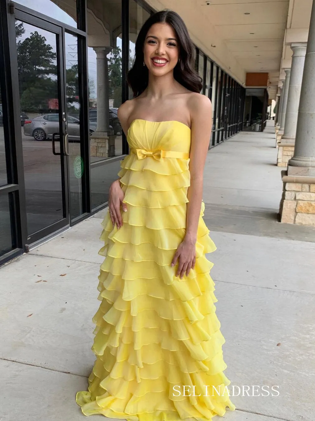 Sheath/Column Chiffon Yellow Tiered Long Prom Dresses Cheap Evening Dress sew1007