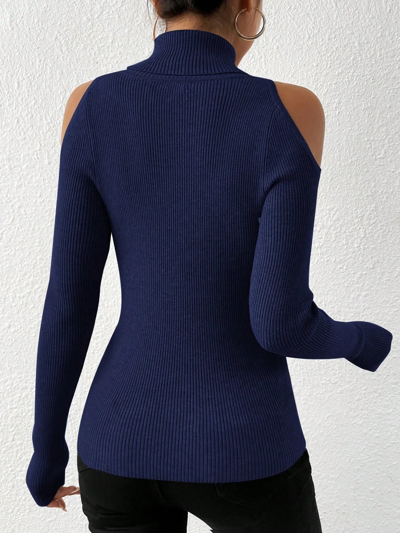 SHEIN Privé Turtleneck Cold Shoulder Ribbed Knit Sweater