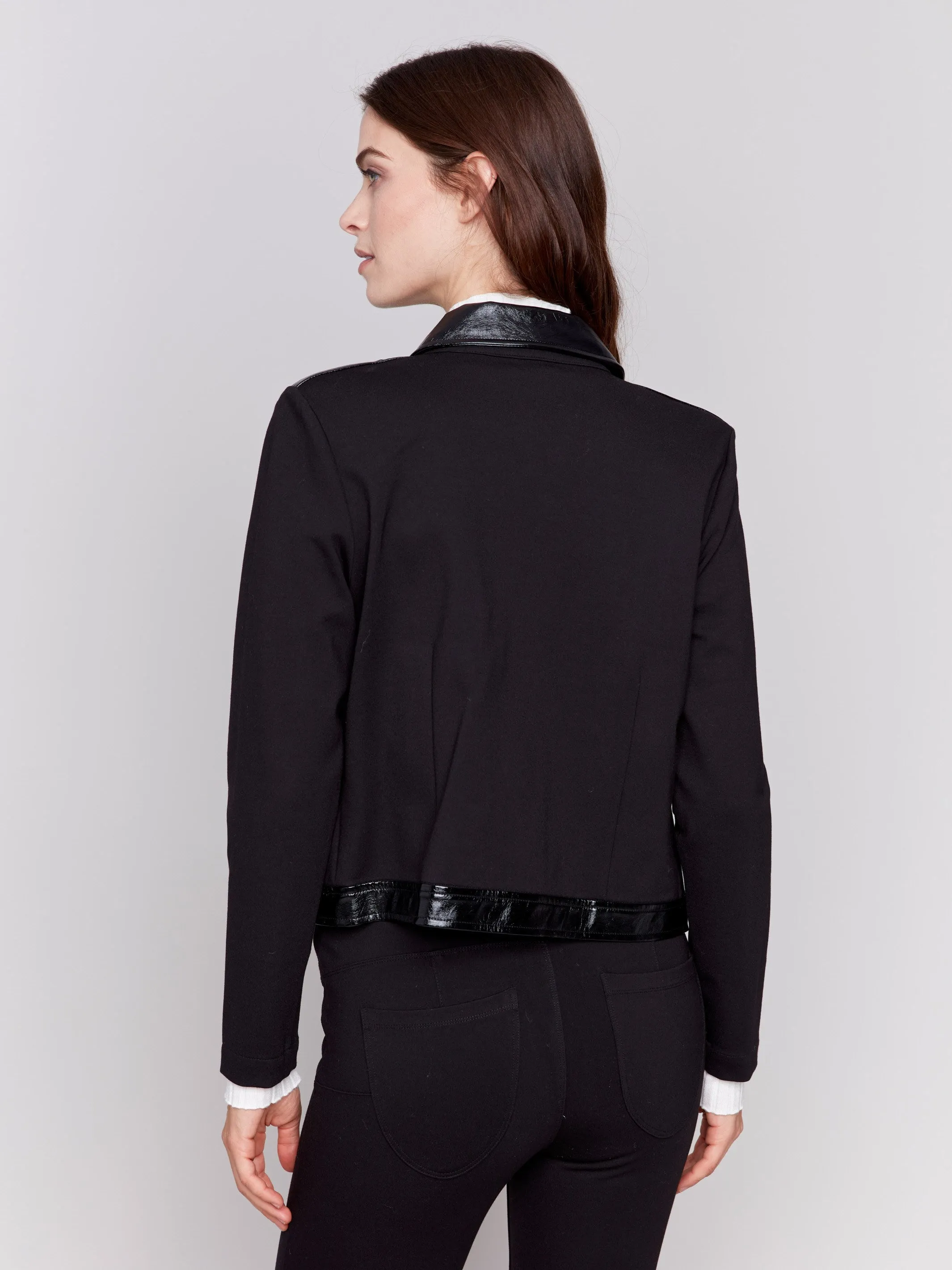 Short Ponte Knit Jacket with Vinyl Trim - Black