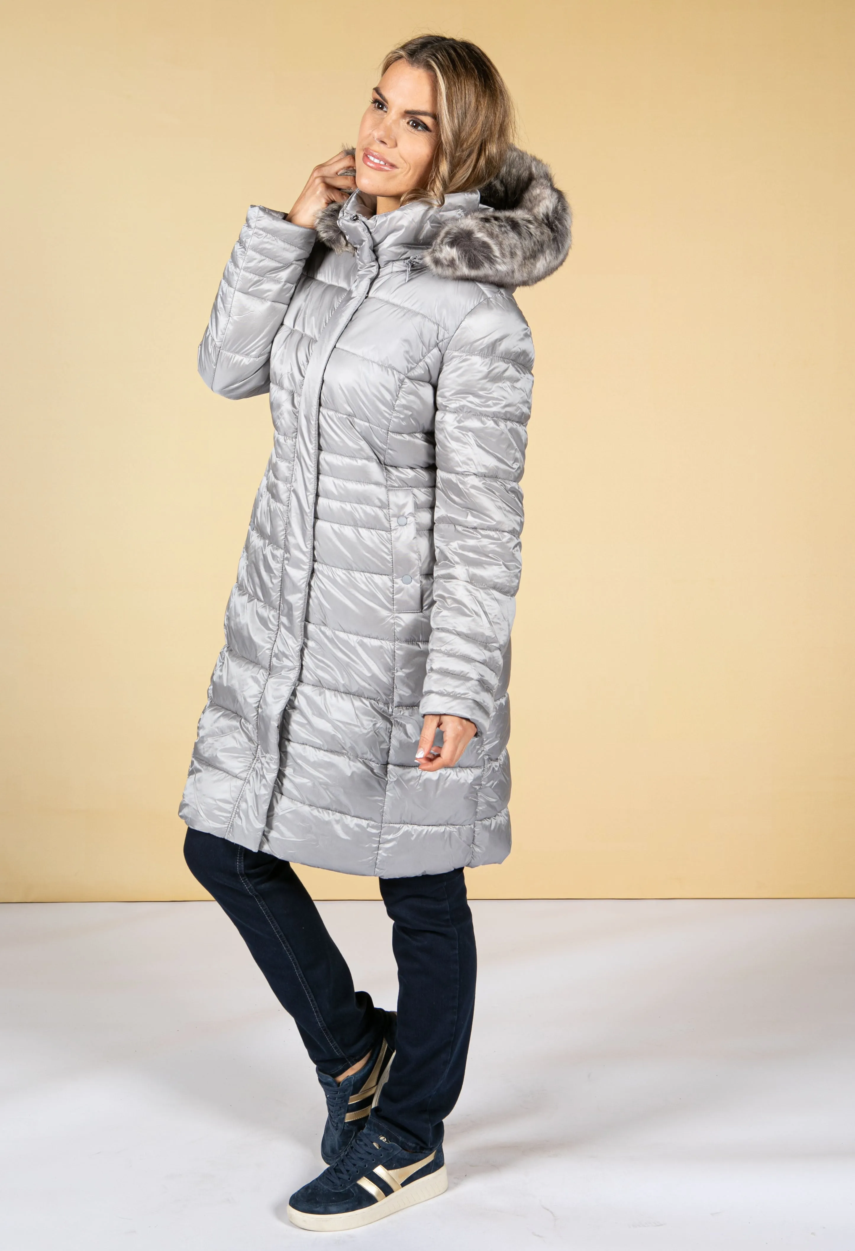 Silver Quilted coat with a hood