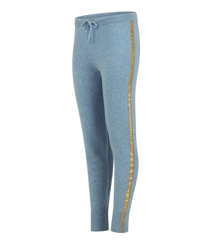 Sky Blue Cashmere Sweat Pants W/ Gold Laminated Bands