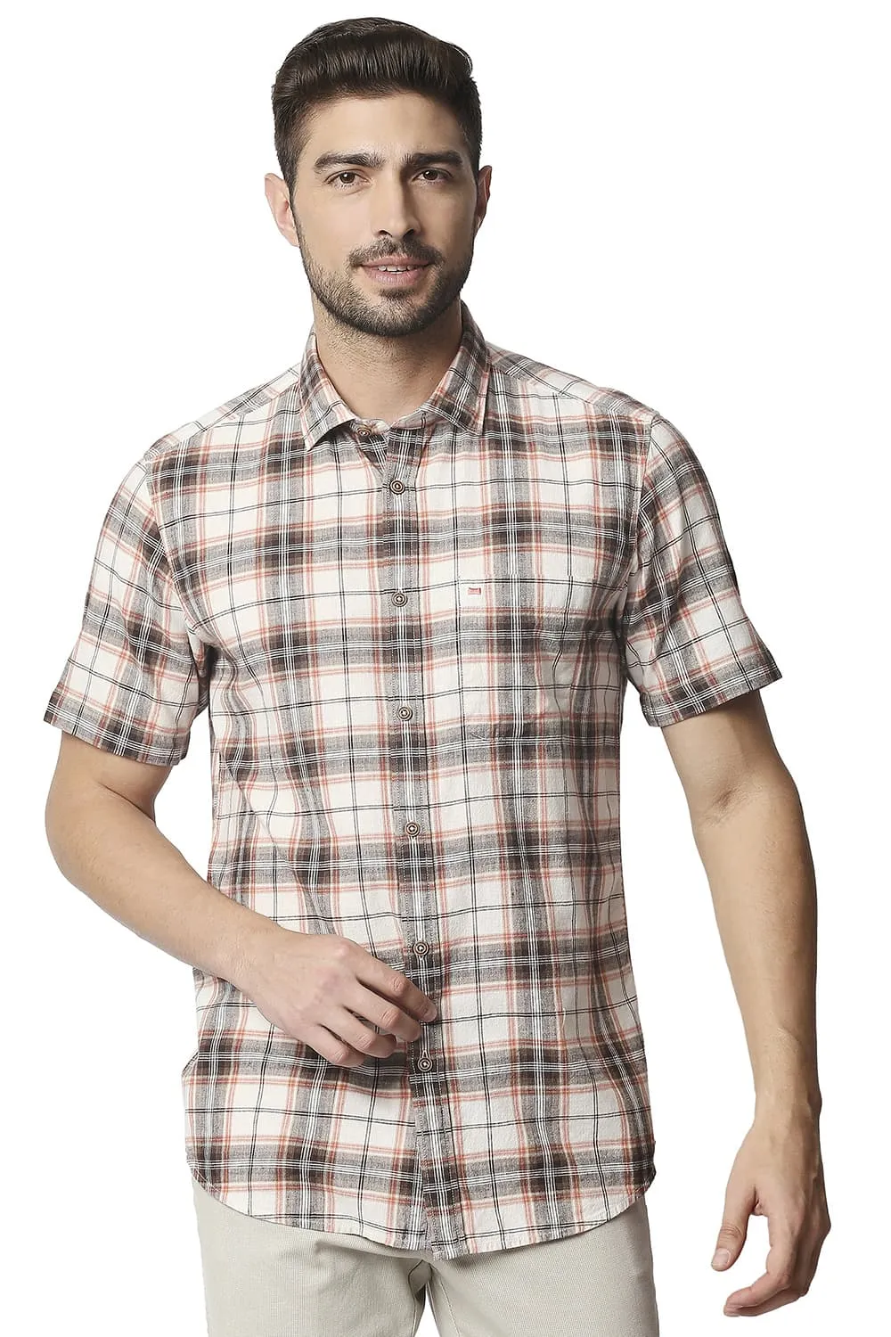 Slim Fit Cotton Jute Checks Halfsleeves Shirt