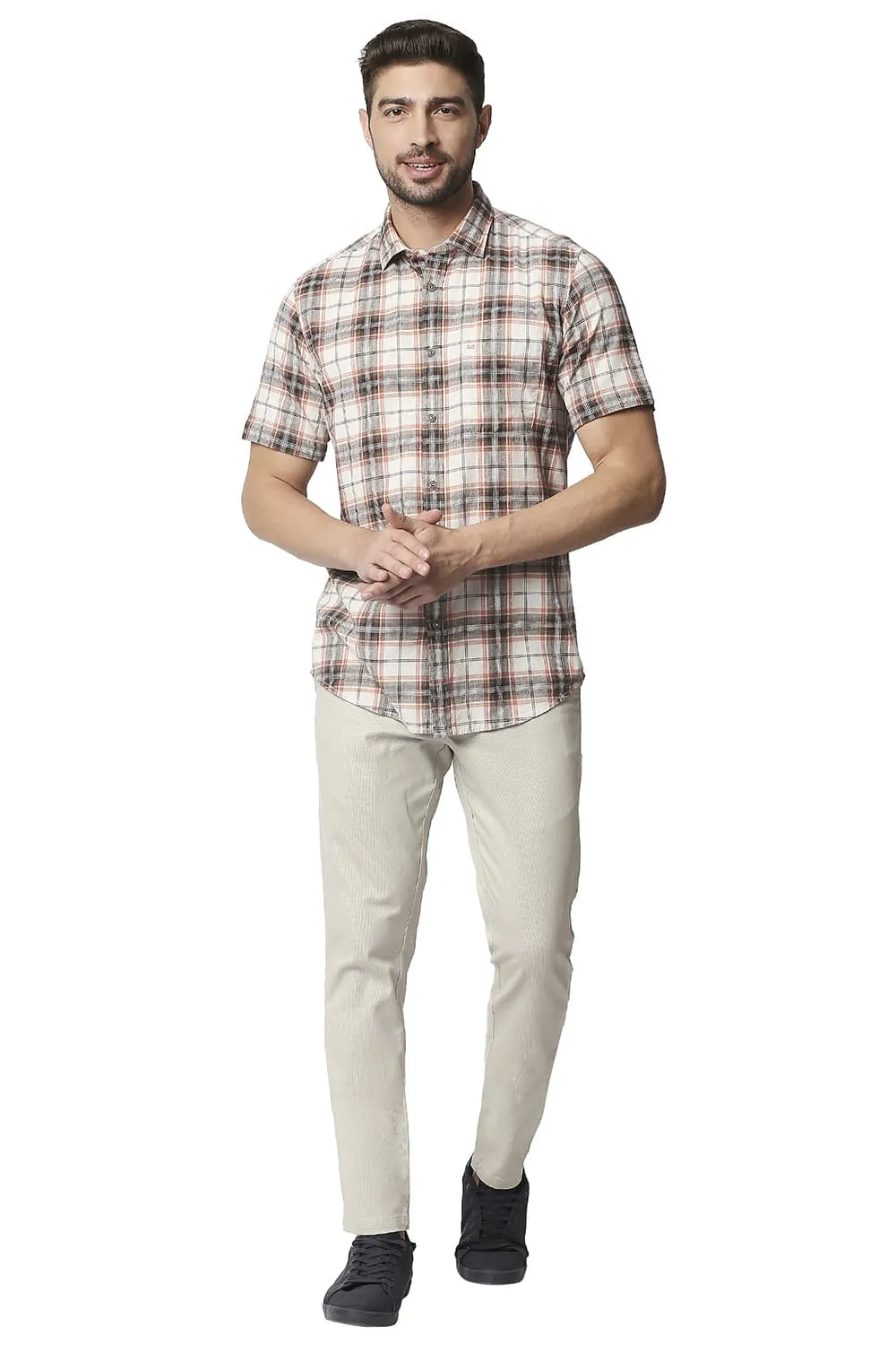 Slim Fit Cotton Jute Checks Halfsleeves Shirt