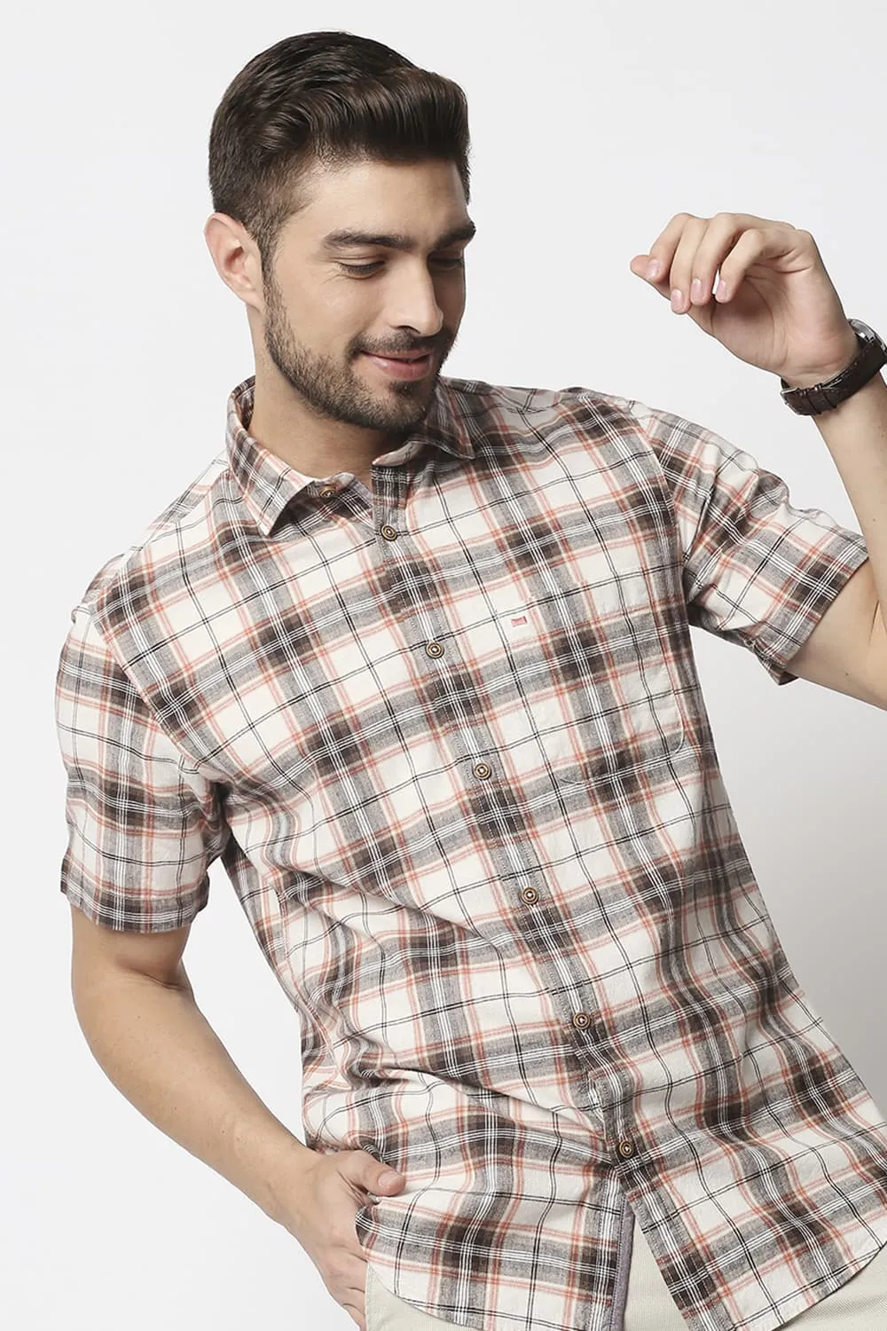 Slim Fit Cotton Jute Checks Halfsleeves Shirt