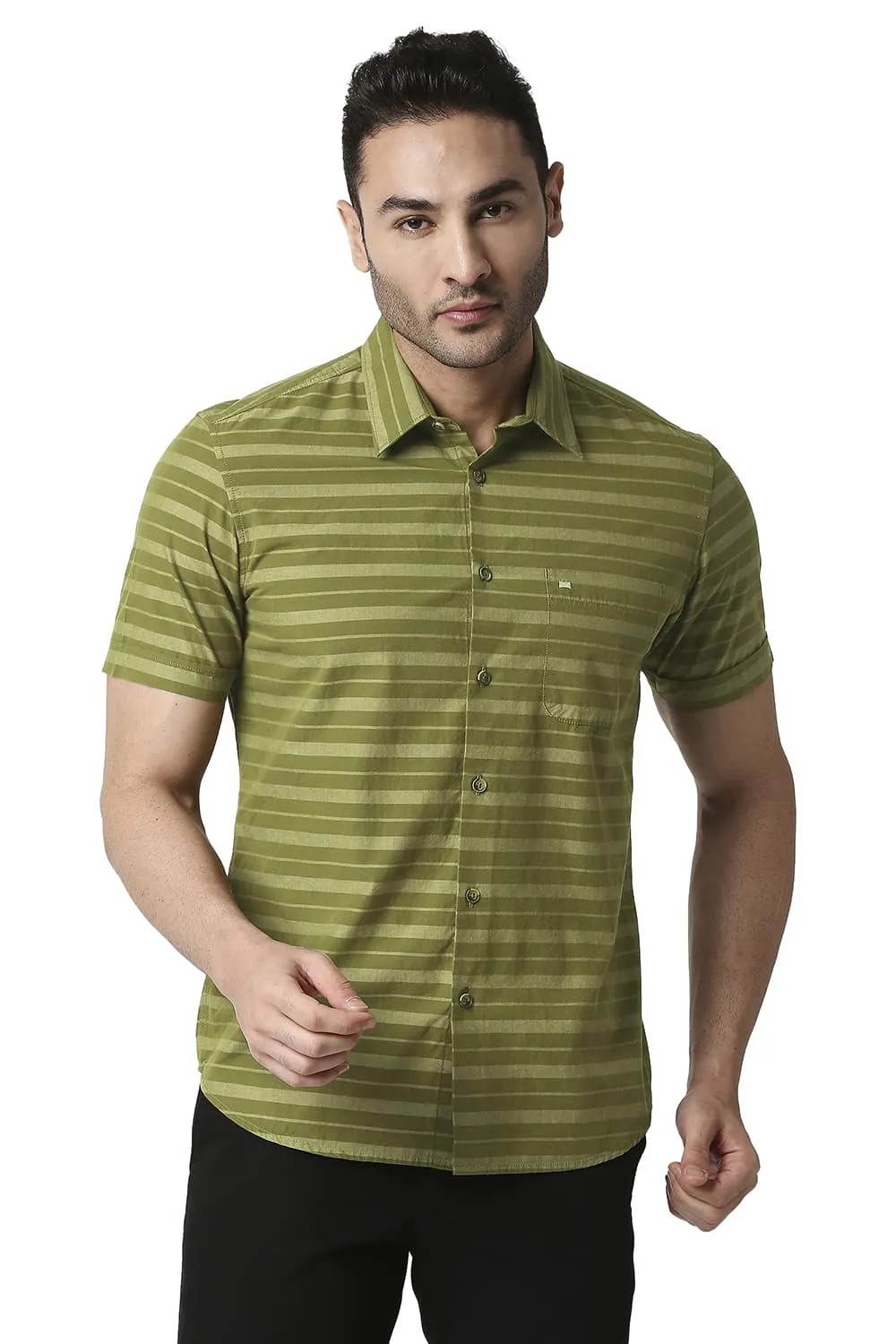 Slim Fit Cotton Weft Stripe Halfsleeves Shirt