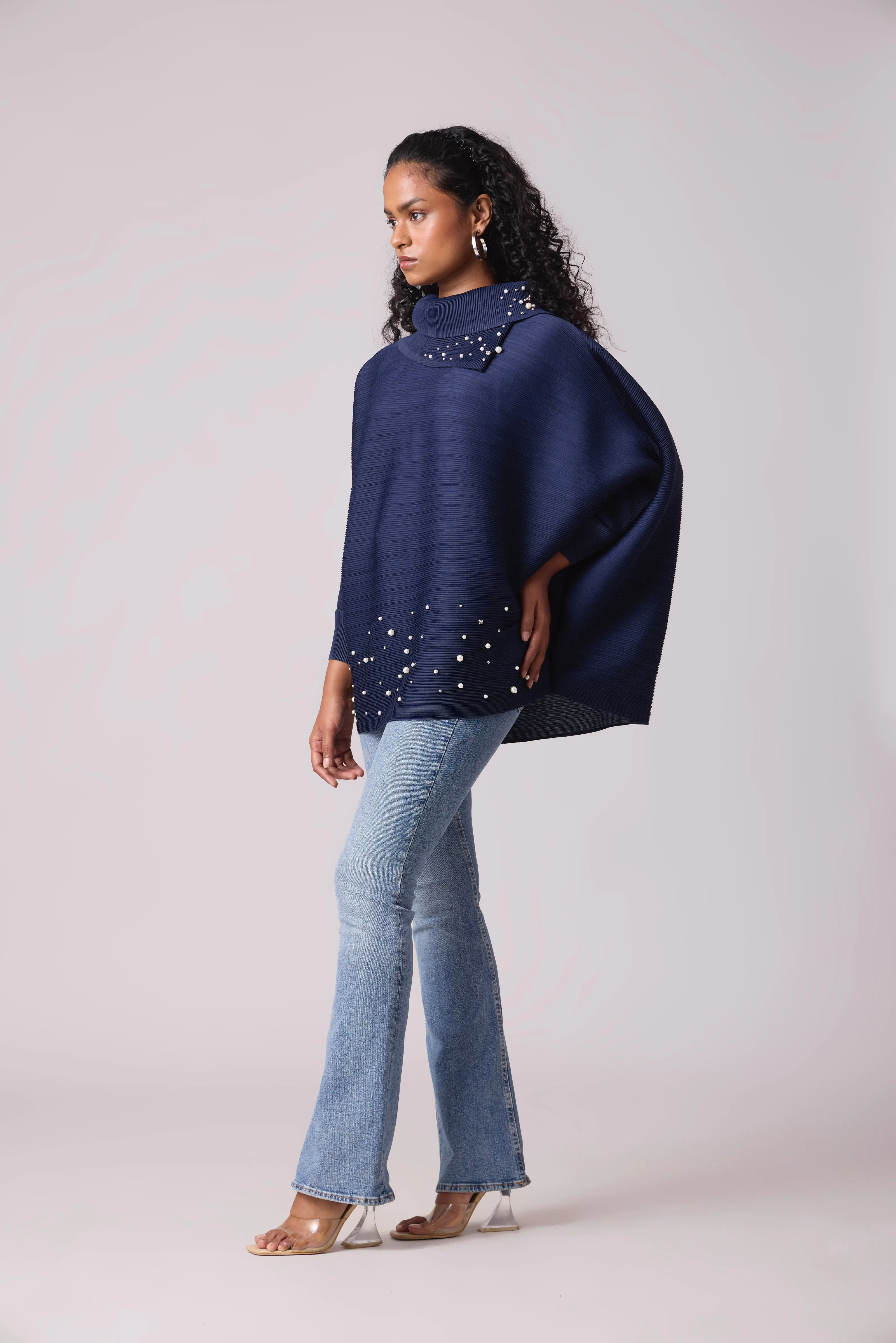 Sloane Pearled Batwing Top - Navy