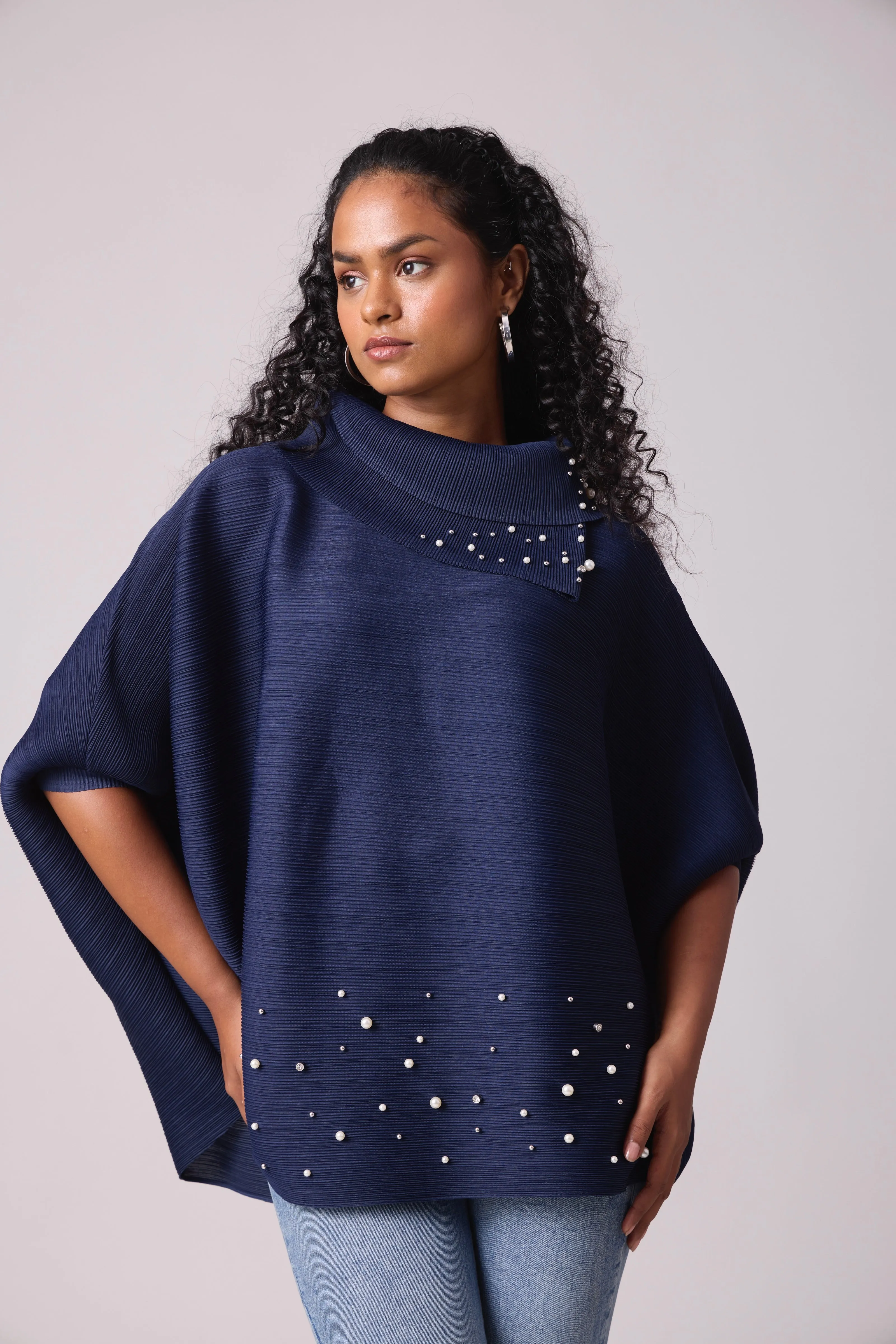 Sloane Pearled Batwing Top - Navy