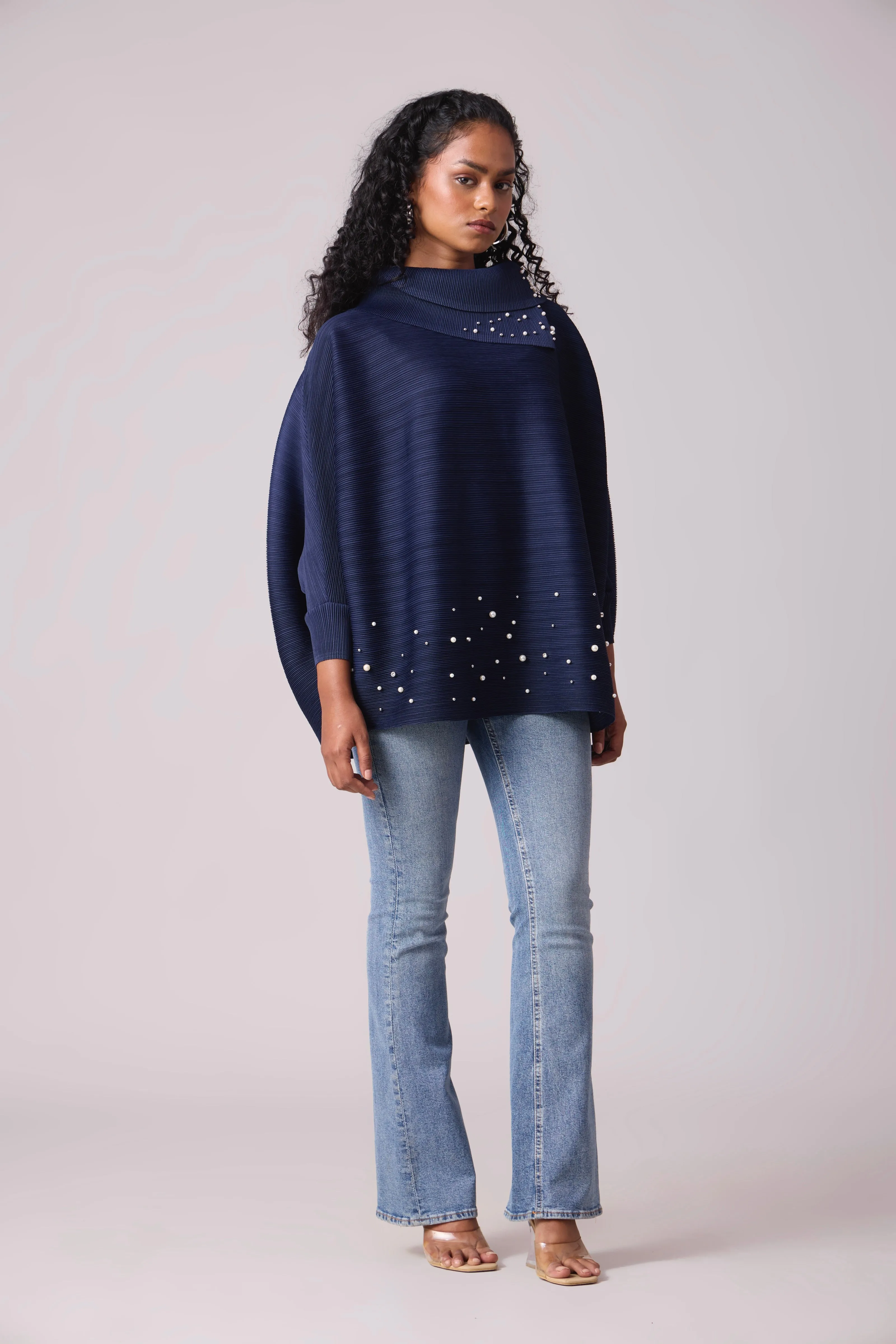 Sloane Pearled Batwing Top - Navy