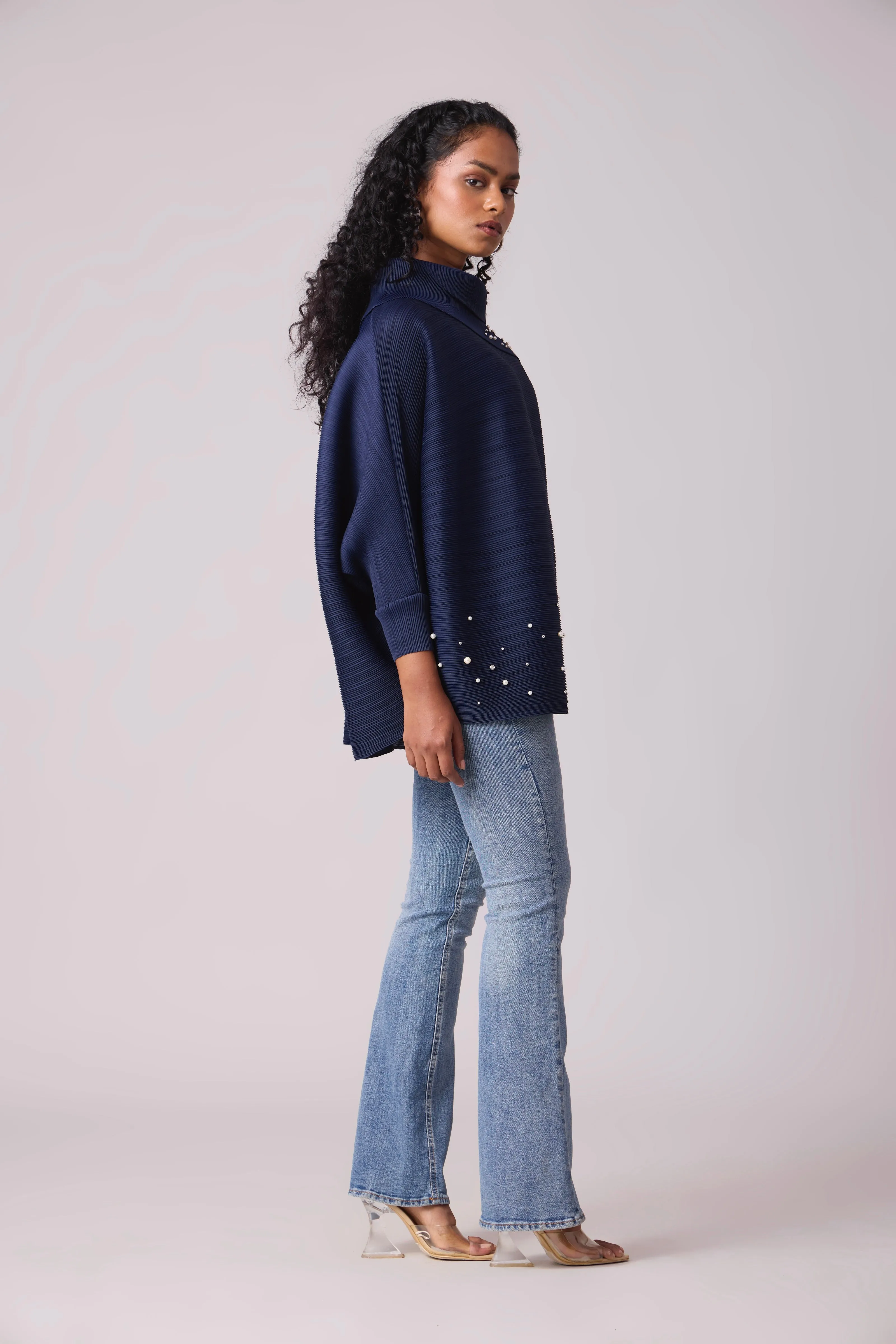 Sloane Pearled Batwing Top - Navy