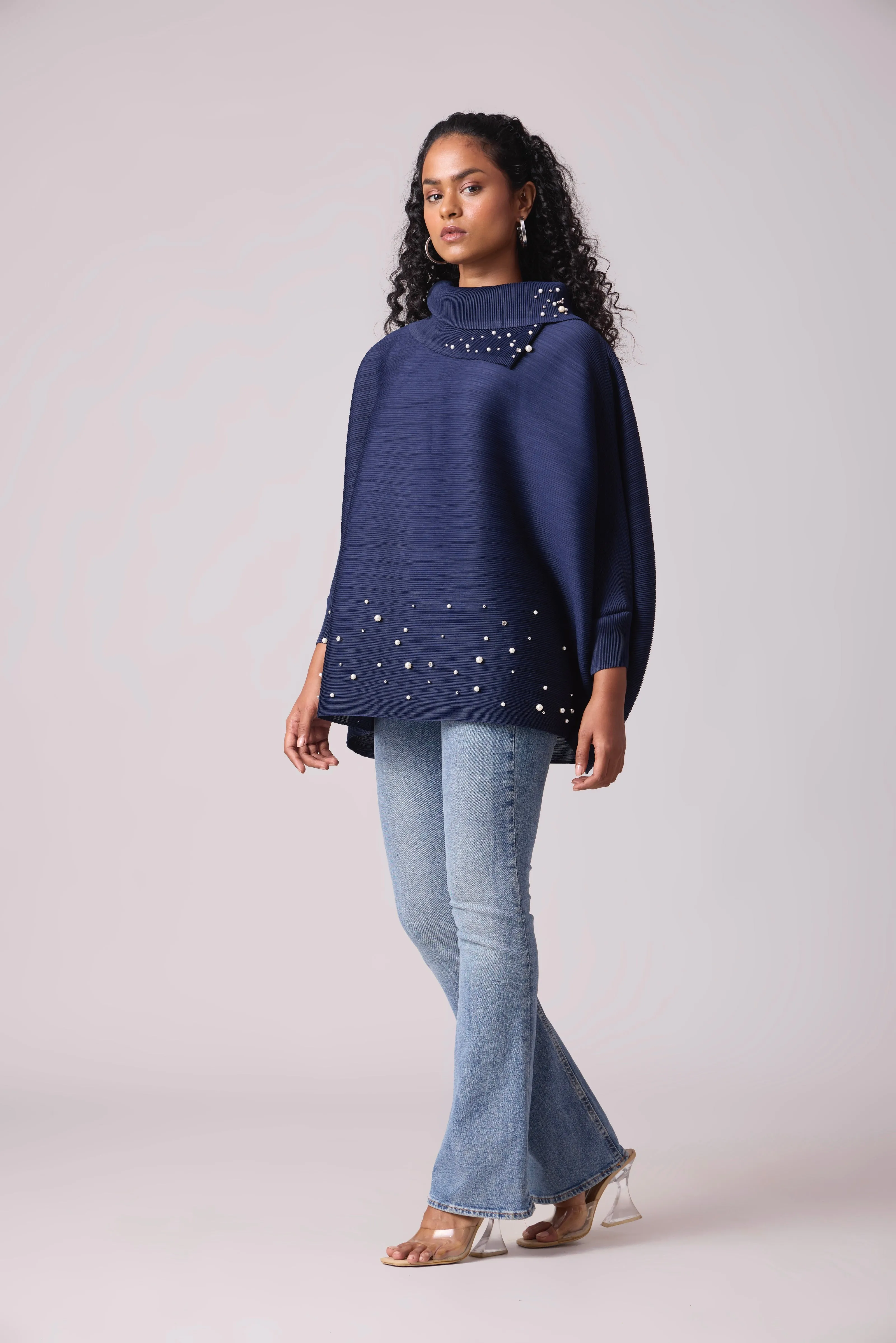 Sloane Pearled Batwing Top - Navy