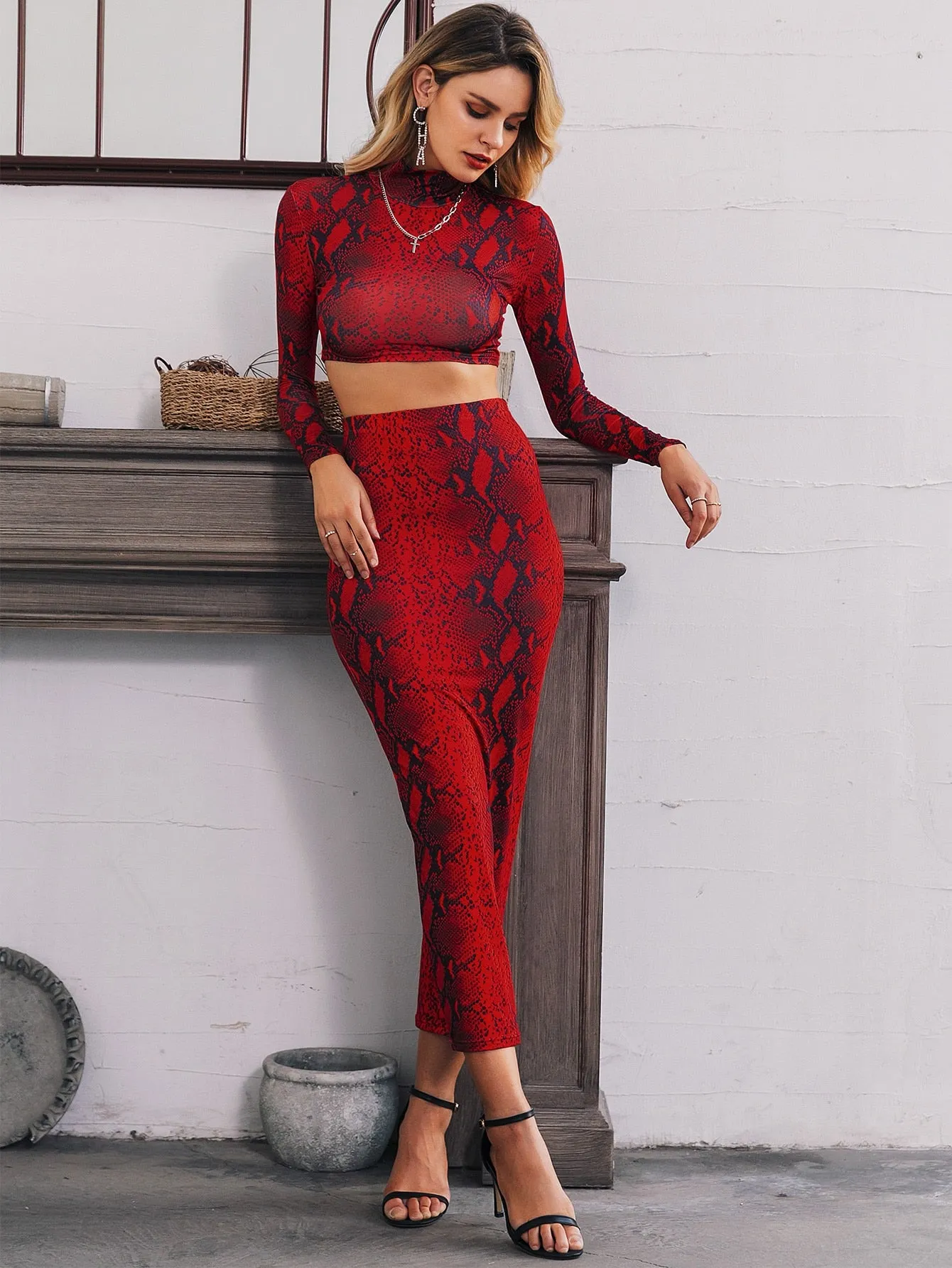 Snakeskin Print Crop Top and Pencil Skirt Set