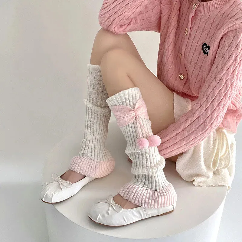 Sohiwoo Autumn Winter Elastic Tube Socks for Girl Lolita JK Leg Warmers Knitted Heaters Warm Stockings Women Sweet Bowknot Foot Covers