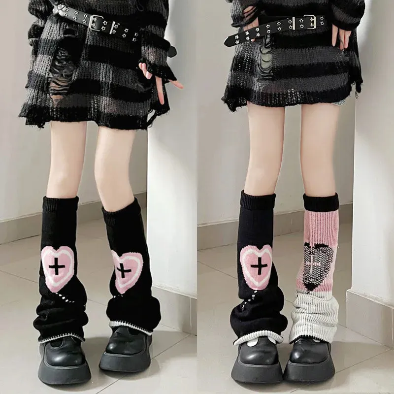 Sohiwoo Harajuku Knit Two Side Leg Warmer Japanese Jk Anime Heart Cross Lolita Women Punk Harajuku Long Cable Flared Y2k Accessories 2Pc