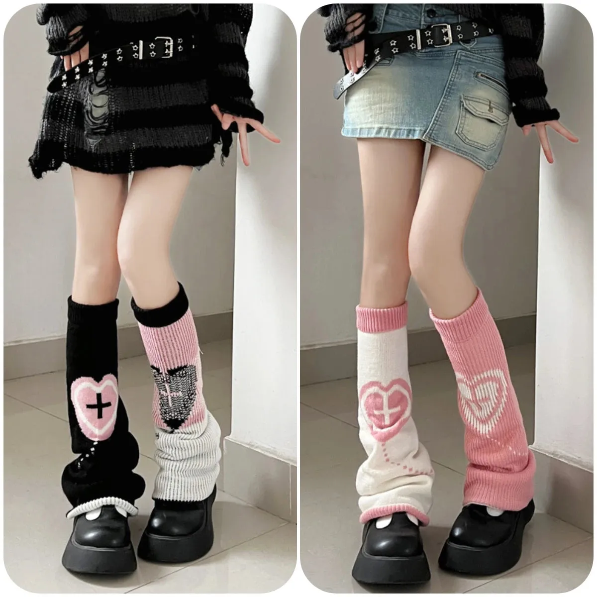 Sohiwoo Harajuku Knit Two Side Leg Warmer Japanese Jk Anime Heart Cross Lolita Women Punk Harajuku Long Cable Flared Y2k Accessories 2Pc