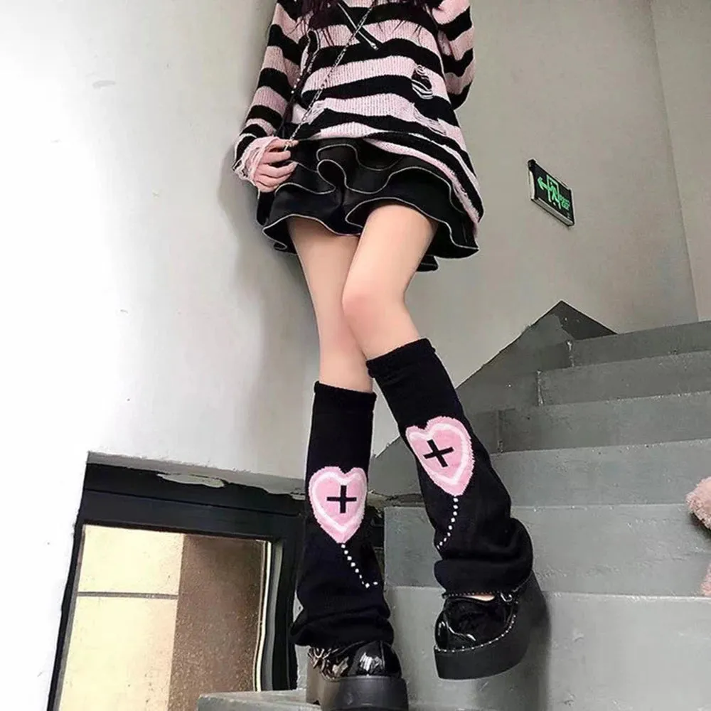 Sohiwoo Harajuku Knit Two Side Leg Warmer Japanese Jk Anime Heart Cross Lolita Women Punk Harajuku Long Cable Flared Y2k Accessories 2Pc