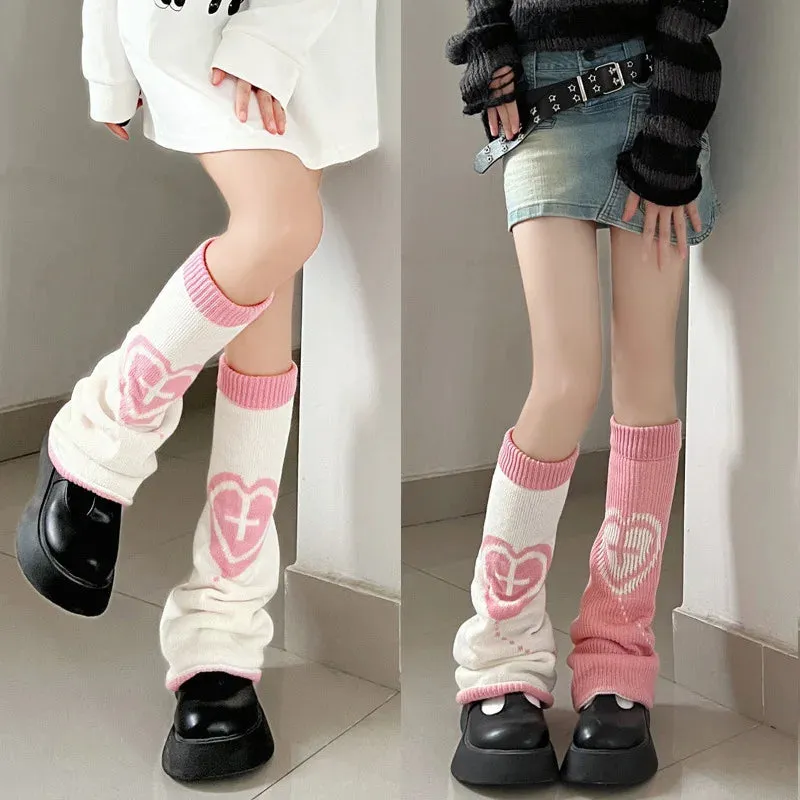 Sohiwoo Harajuku Knit Two Side Leg Warmer Japanese Jk Anime Heart Cross Lolita Women Punk Harajuku Long Cable Flared Y2k Accessories 2Pc