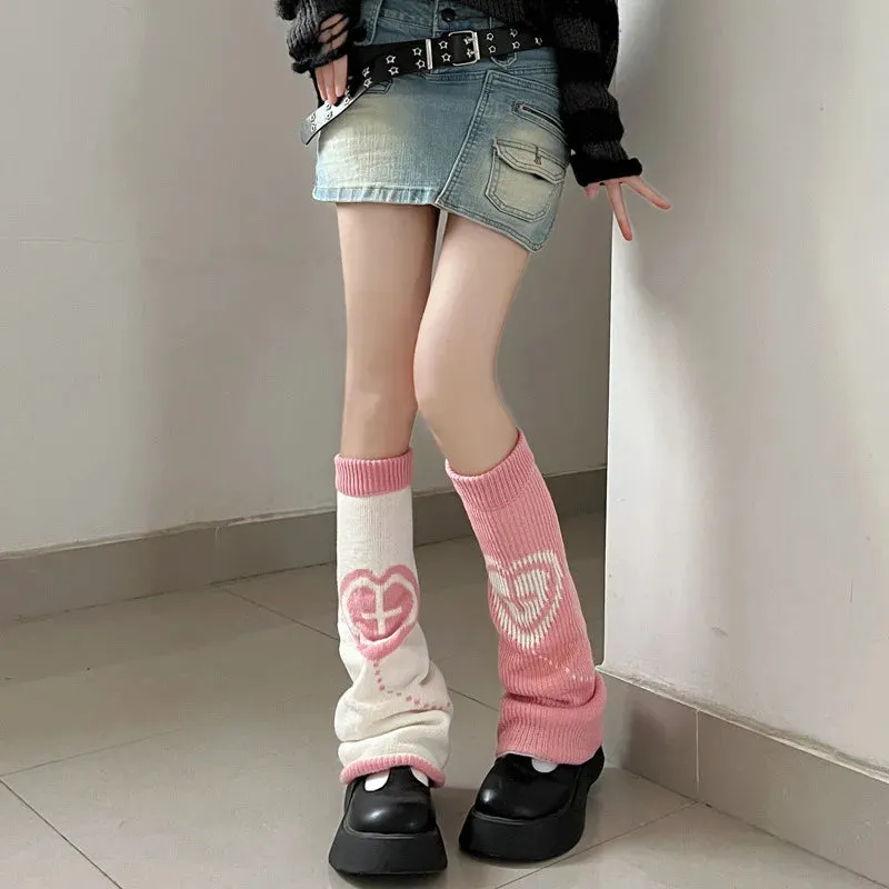 Sohiwoo Harajuku Knit Two Side Leg Warmer Japanese Jk Anime Heart Cross Lolita Women Punk Harajuku Long Cable Flared Y2k Accessories 2Pc