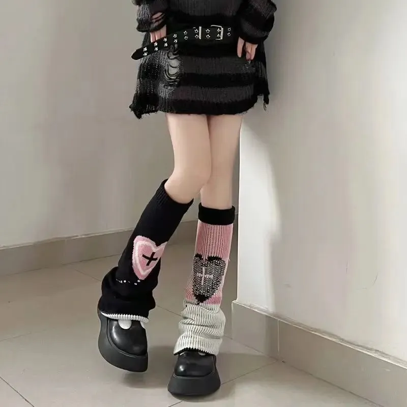 Sohiwoo Harajuku Knit Two Side Leg Warmer Japanese Jk Anime Heart Cross Lolita Women Punk Harajuku Long Cable Flared Y2k Accessories 2Pc