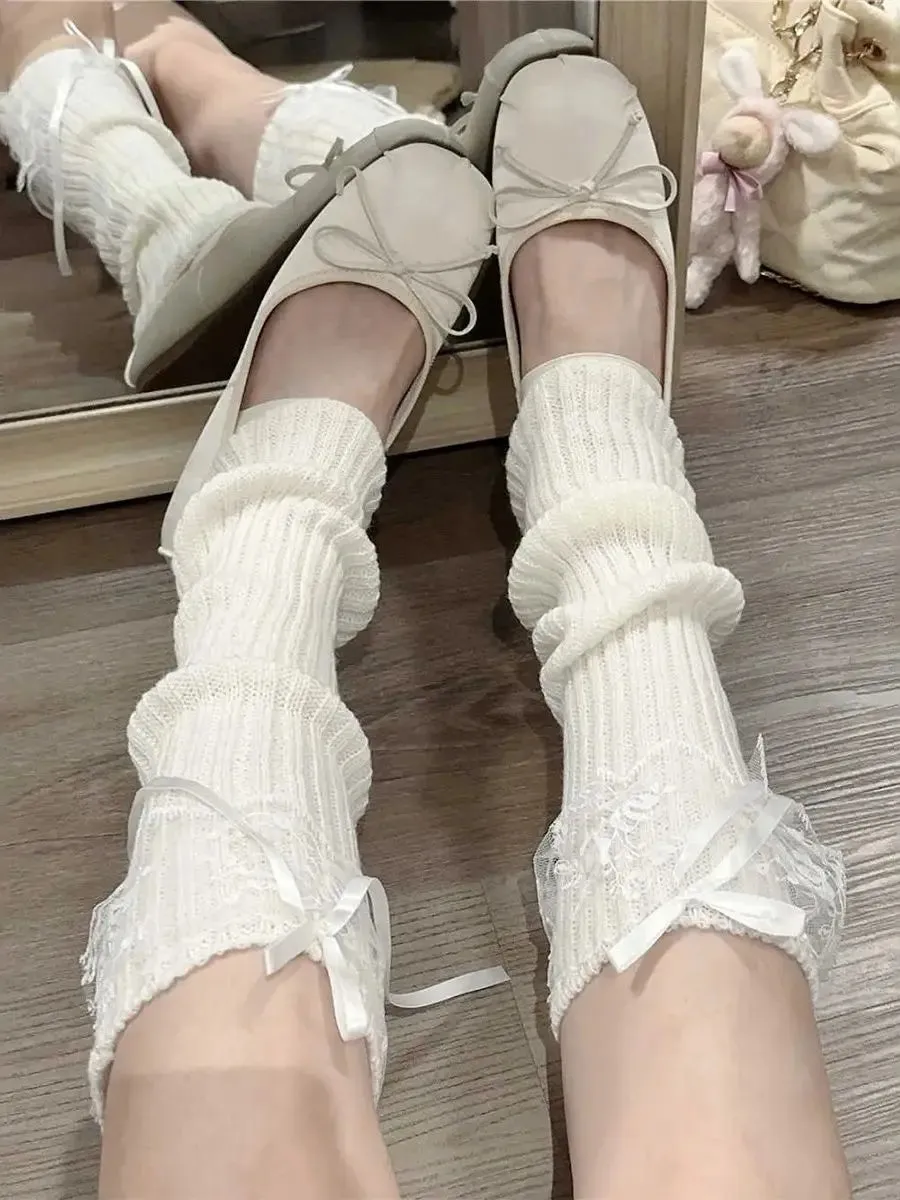 Sohiwoo Leg Warmers Lace Rose Bowknot Solid Color Sweet Cute Girl Autumn and Winter Leg Warmers Lolita White Black Socks for Women