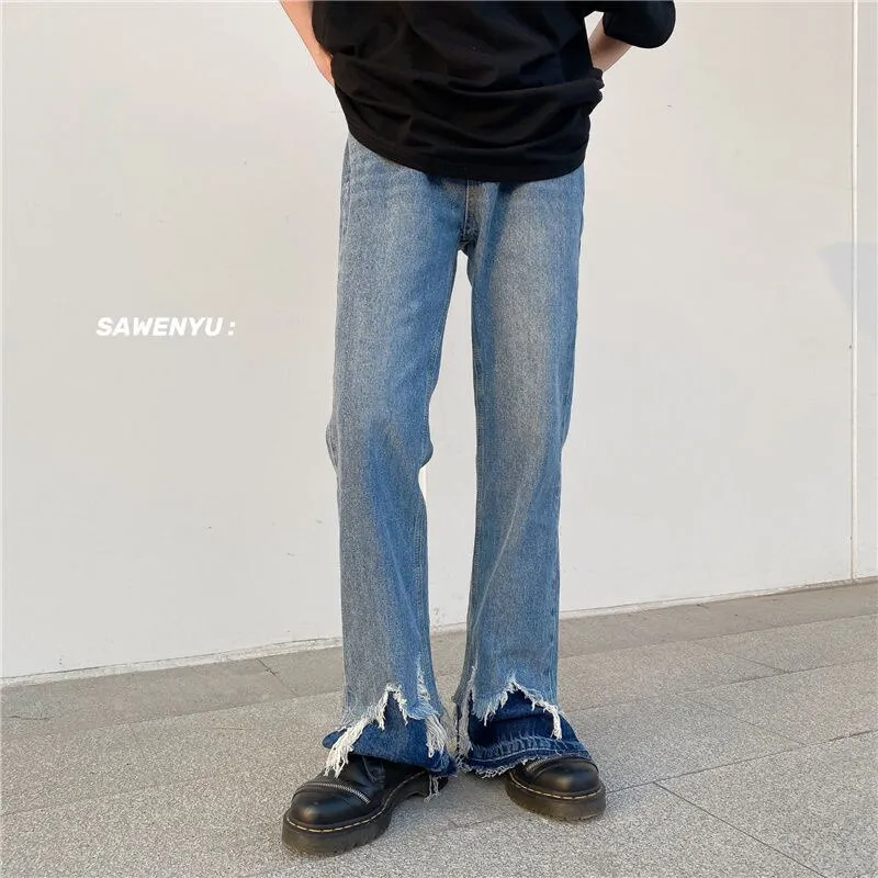 Stitching Raw Edge Flared Jeans High Street Trend Wide Leg Pants Hiphop Casual Loose Washed Straight Denim Trousers Oversize