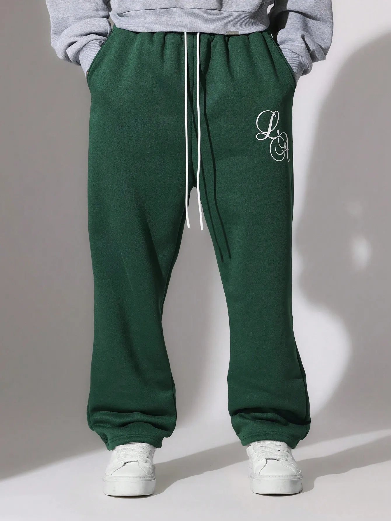 Straight Fit Drop Crotch Essential Sweatpants With Graphic Print & Drawstrings