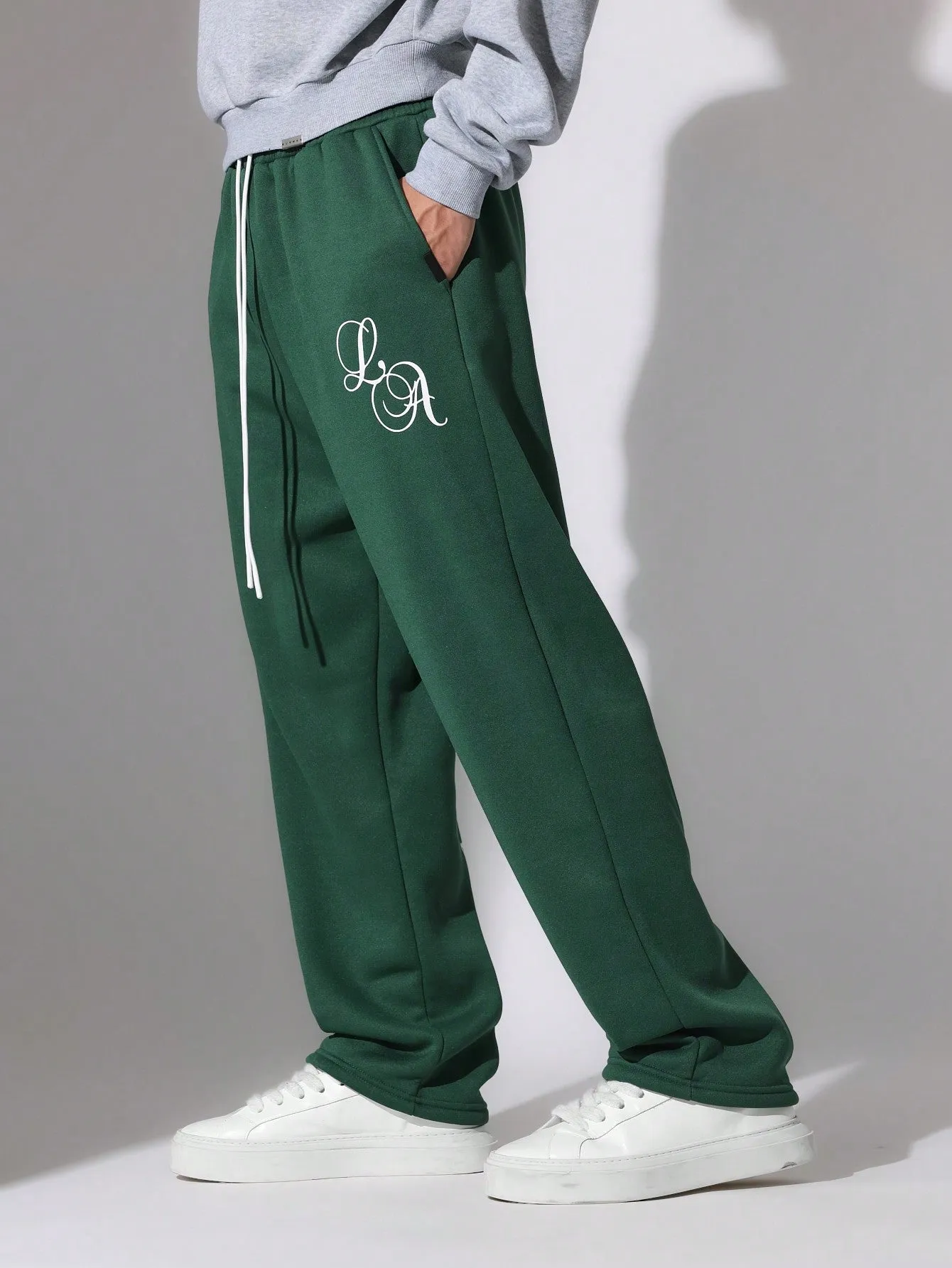 Straight Fit Drop Crotch Essential Sweatpants With Graphic Print & Drawstrings