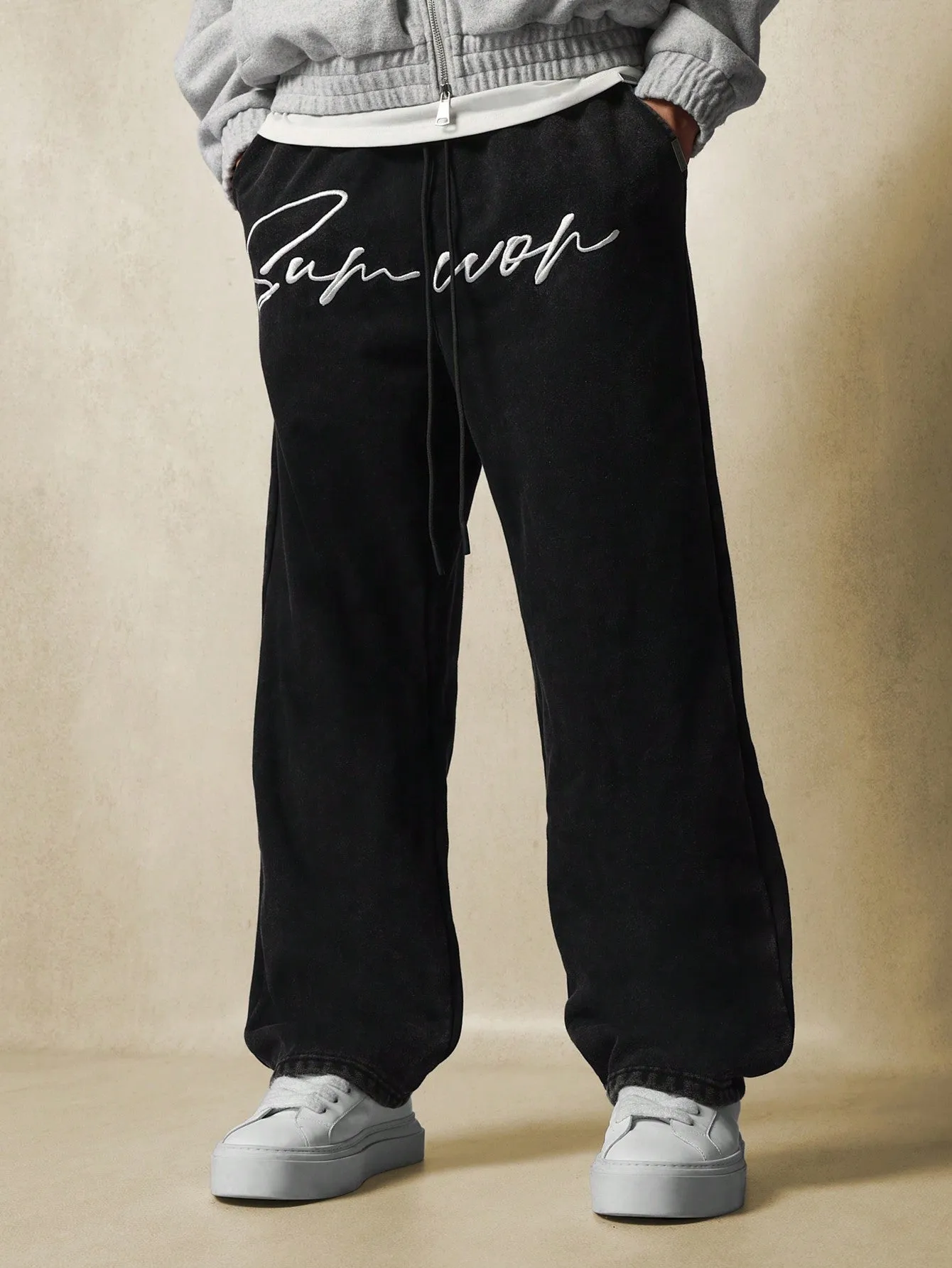 Straight Fit Washed Sweatpants With Signature Embroidery & Drawcords