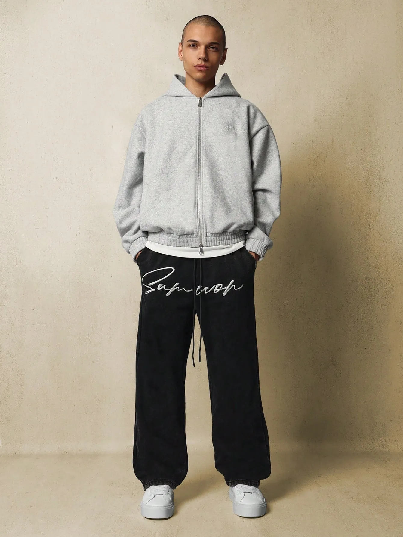 Straight Fit Washed Sweatpants With Signature Embroidery & Drawcords