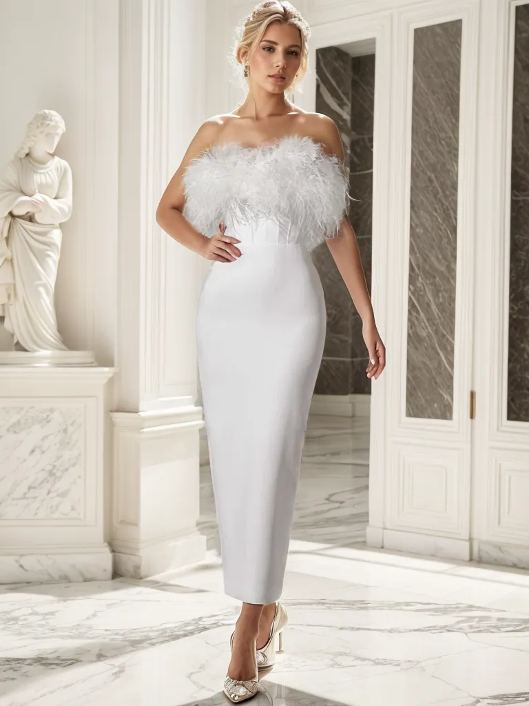 Strapless Ostrich Feather Satin Pencil Skirt tea length Cocktail Dress