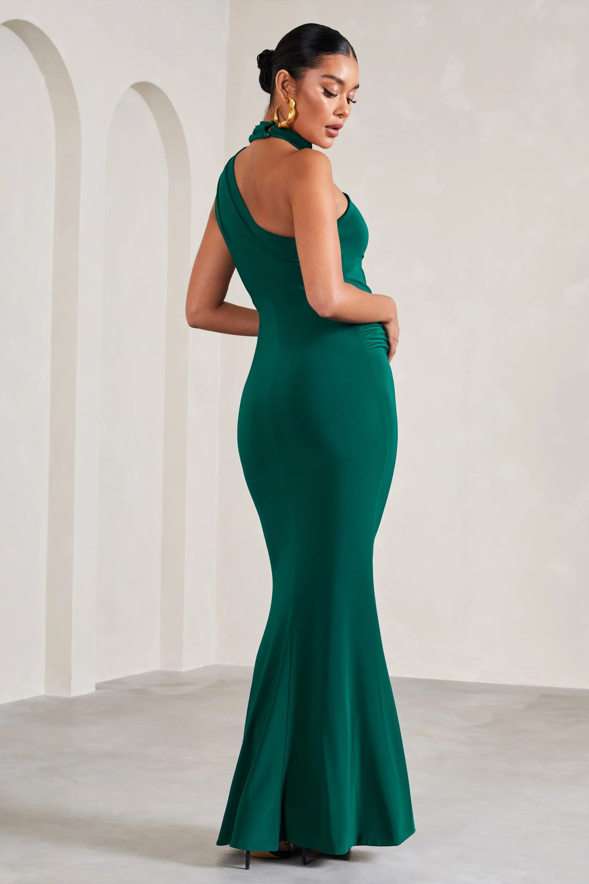 Sylvia | Bottle Green Ruched Asymmetric Maternity Maxi Dress With Wrap-Collar