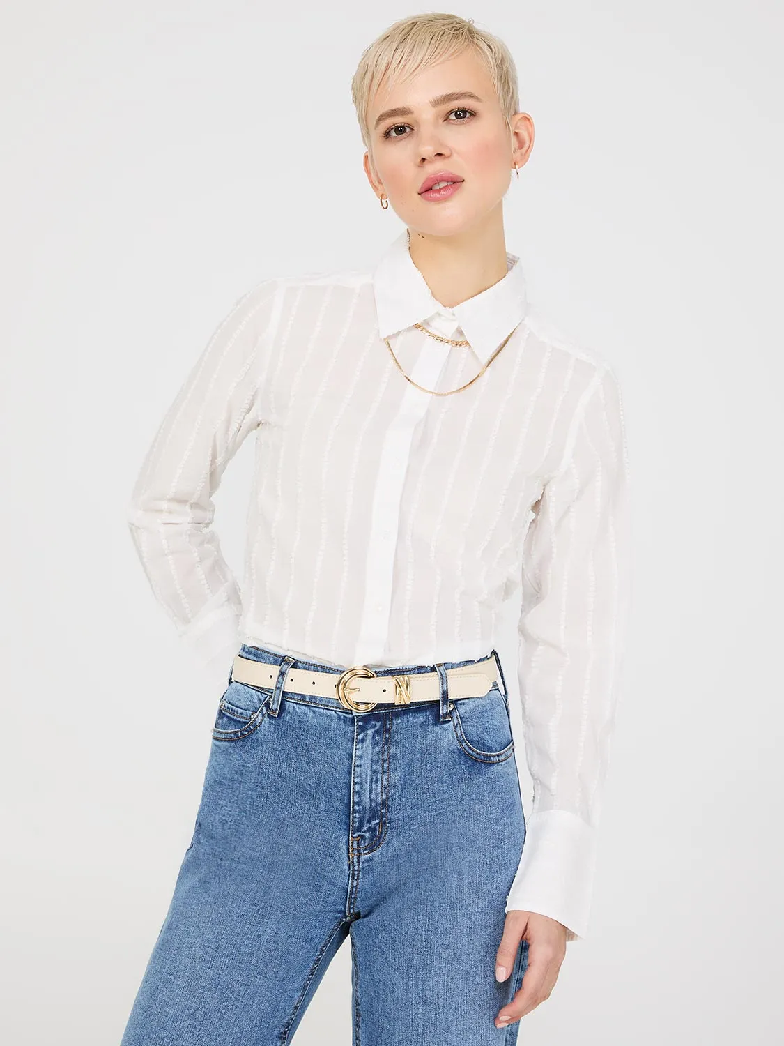 Textured Long Sleeve Button-Front Blouse