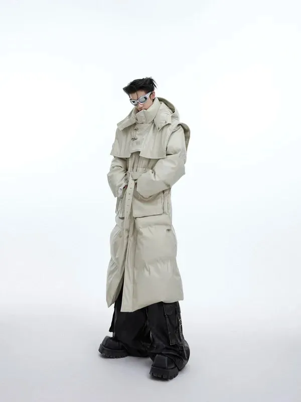 Trendy Men's Hooded Cotton Coat Shawl Design Long Thickened PU Leather Padded Jacket Detachable Hat Personality 9C3777