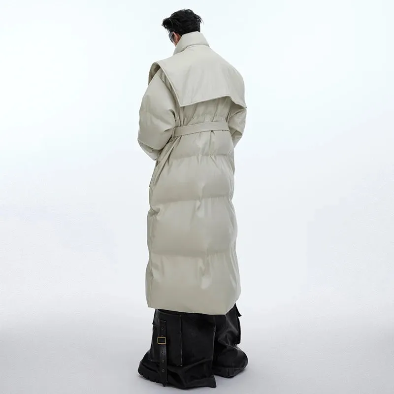 Trendy Men's Hooded Cotton Coat Shawl Design Long Thickened PU Leather Padded Jacket Detachable Hat Personality 9C3777