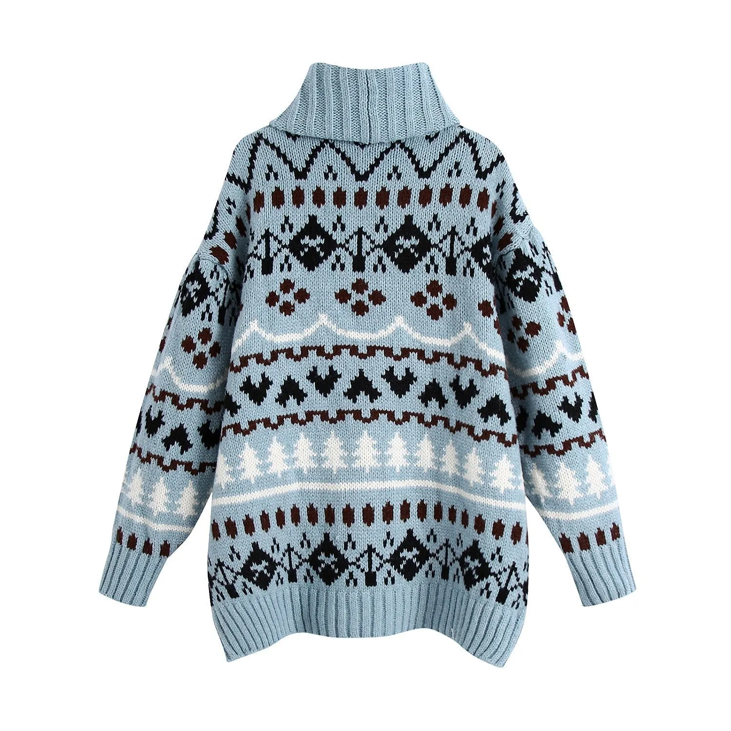 Turtleneck Thick Winter Long Sweater  Christmas Tree Print Blue