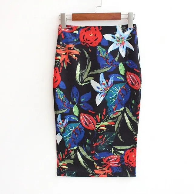 VenusFox Vintage Bodycon Floral Print High Waist Pencil Midi Skirt