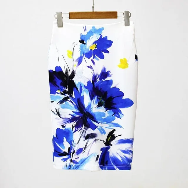 VenusFox Vintage Bodycon Floral Print High Waist Pencil Midi Skirt