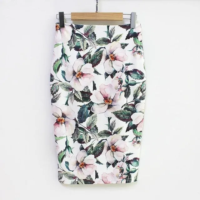 VenusFox Vintage Bodycon Floral Print High Waist Pencil Midi Skirt