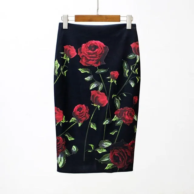 VenusFox Vintage Bodycon Floral Print High Waist Pencil Midi Skirt