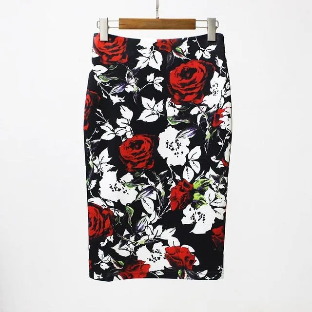 VenusFox Vintage Bodycon Floral Print High Waist Pencil Midi Skirt