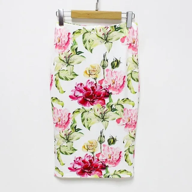 VenusFox Vintage Bodycon Floral Print High Waist Pencil Midi Skirt