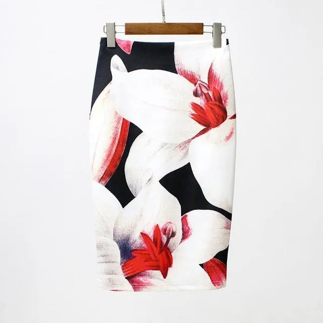 VenusFox Vintage Bodycon Floral Print High Waist Pencil Midi Skirt