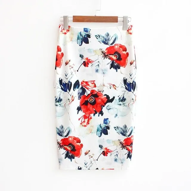 VenusFox Vintage Bodycon Floral Print High Waist Pencil Midi Skirt