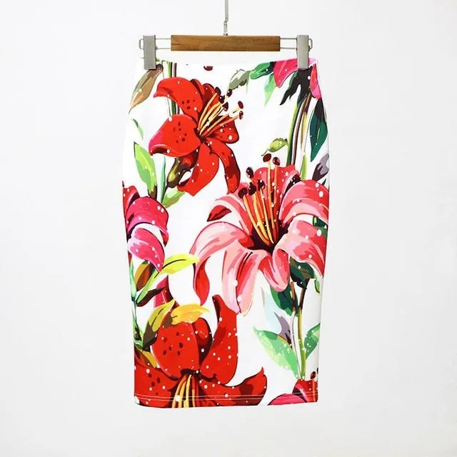 VenusFox Vintage Bodycon Floral Print High Waist Pencil Midi Skirt