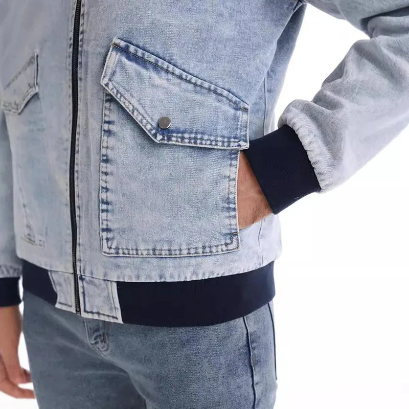 Washed Denim Design Zipper Jacket