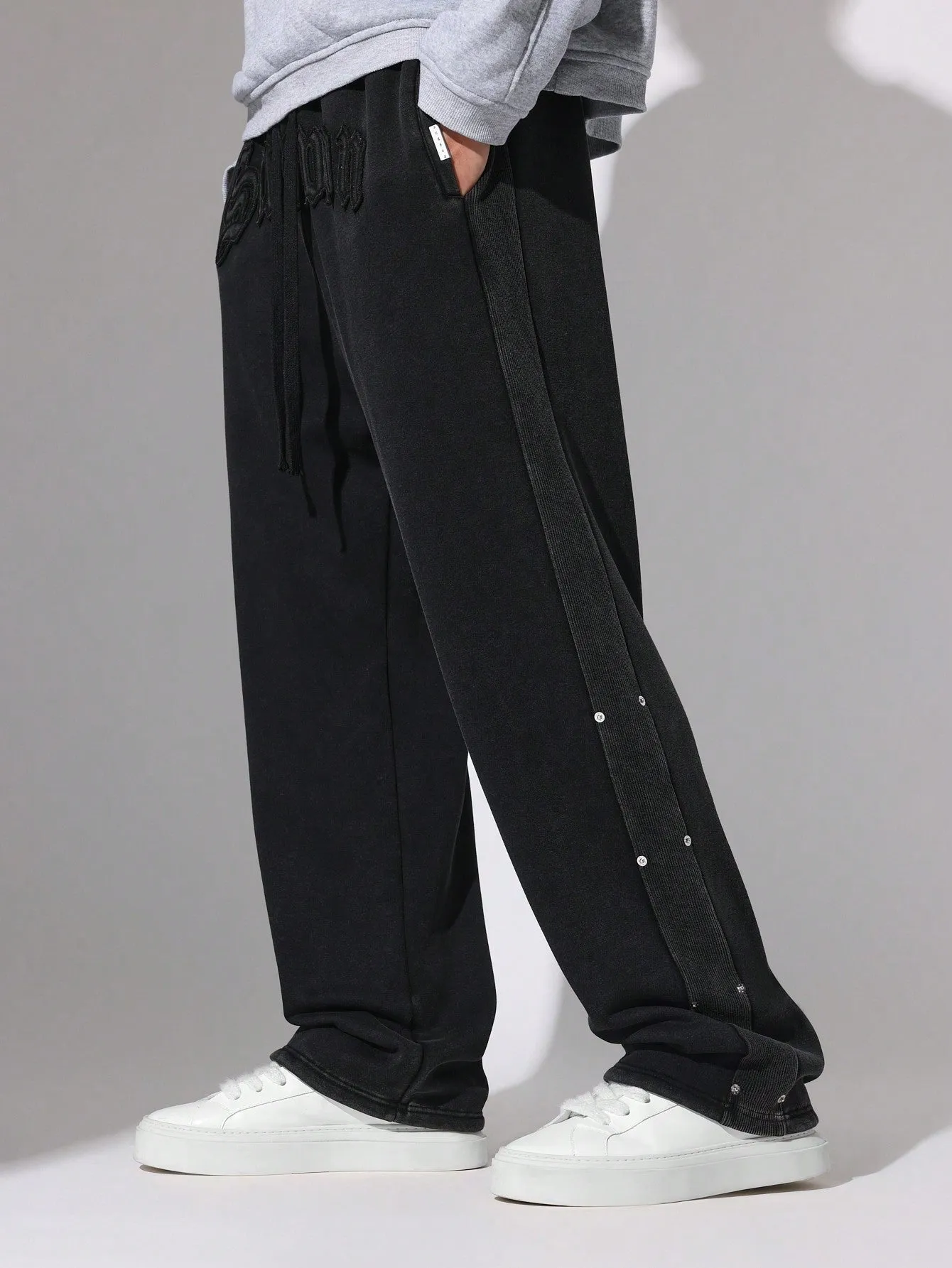 Washed Drop Crotch Sweatpants With Rivet Panel & Embroidered Applique