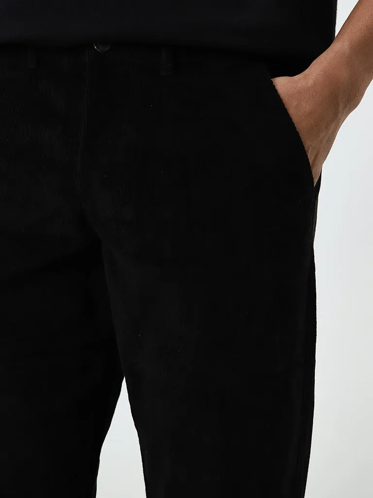 WES Casuals Black Ribbed Relaxed-Fit Mid-Rise Chinos