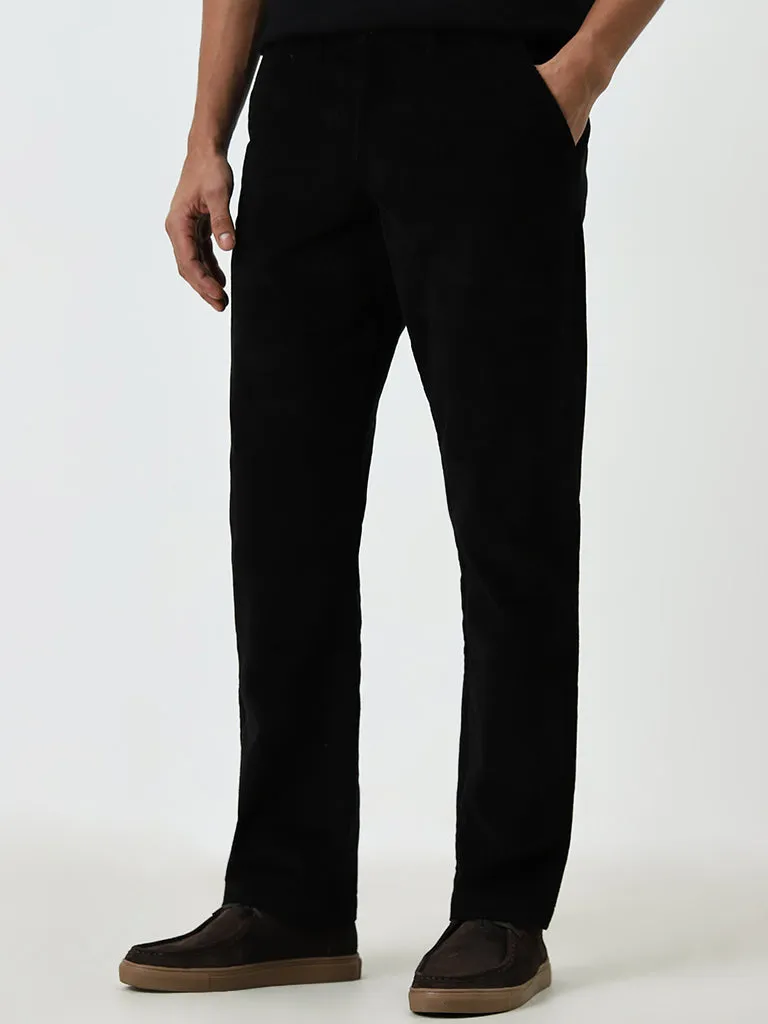 WES Casuals Black Ribbed Relaxed-Fit Mid-Rise Chinos