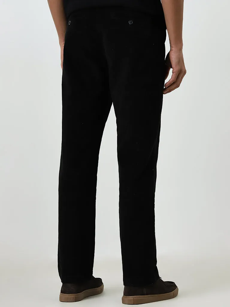 WES Casuals Black Ribbed Relaxed-Fit Mid-Rise Chinos