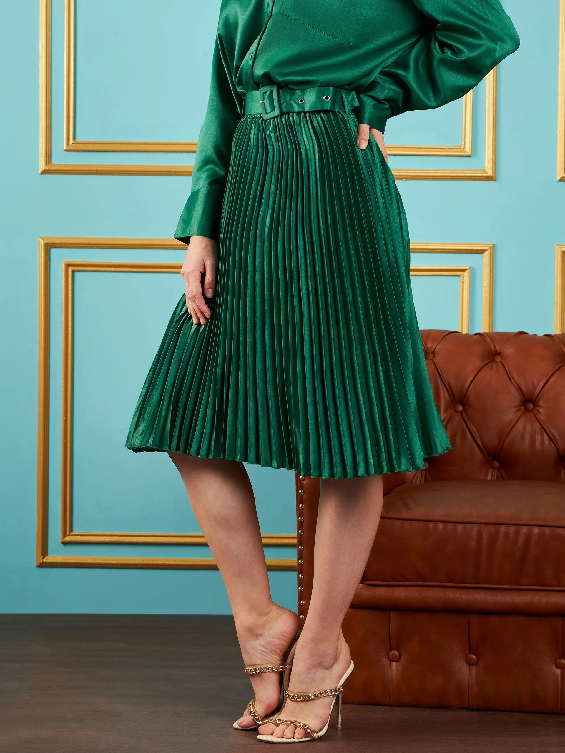 Women Green Satin Pleated Midi Skirt